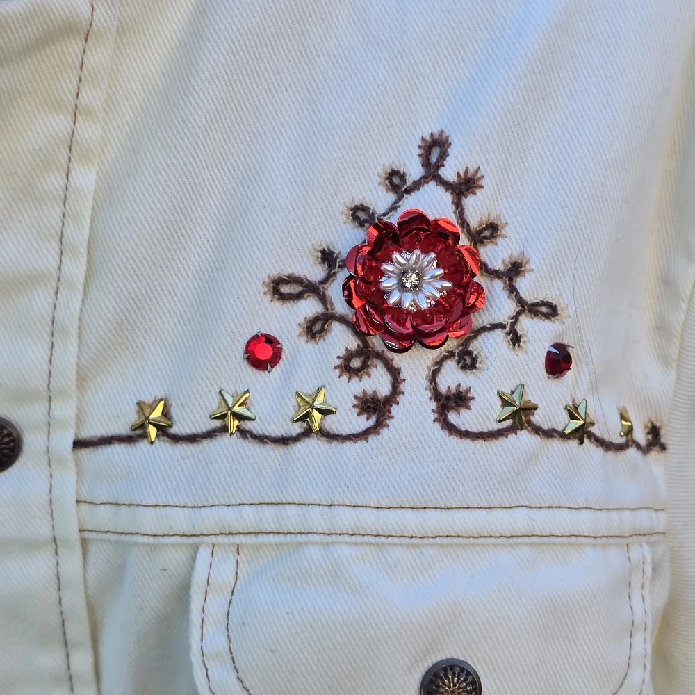 Western Jacket Womens Medium White Embroidered Floral Sequin Stud Button Up - Picture 5 of 16